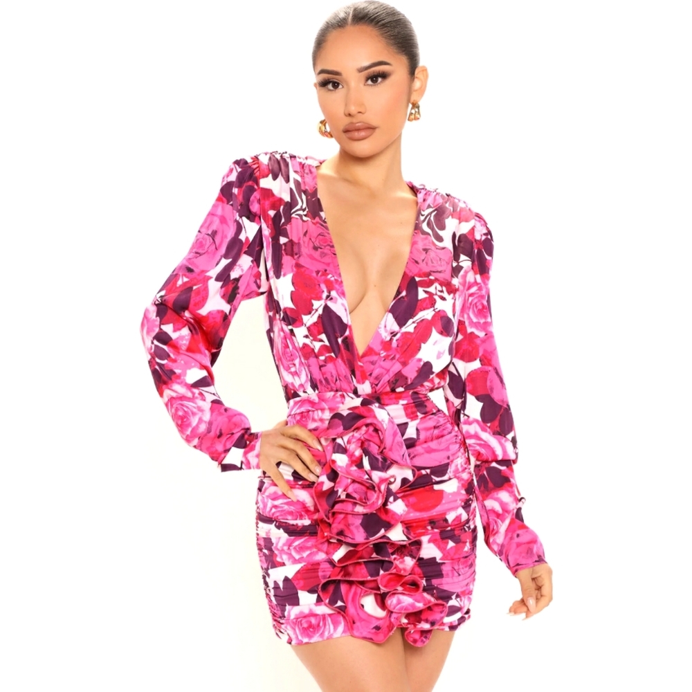 FASHION NOVA Pink Purple Rose Floral Print Ruffle Long Sleeve Mini Dress Small